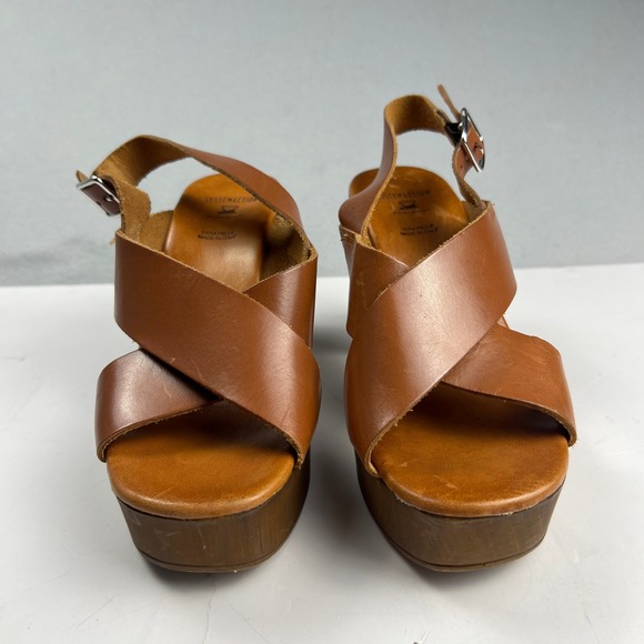 System Action Shoes - Brown Leather Wood Block Heel Boho Retro Platform Sandals Made in Italy Size 7
